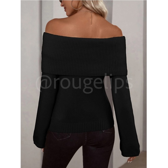 Black Off Shoulder Fold Over Sweater Pullover Knit Long Sleeve - Picture 2 of 7